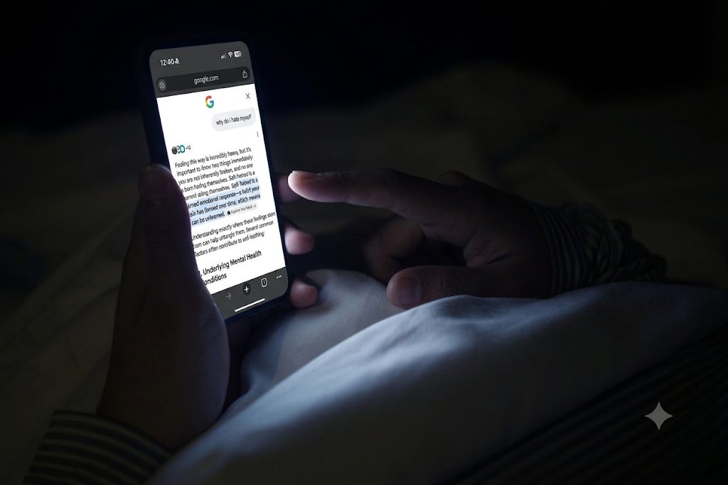 A person alone at night, lit only by their phone, searching for help.